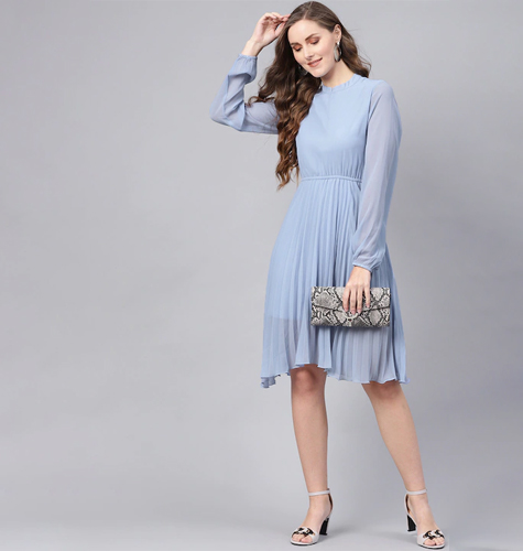 Blue Accordian Pleat Fit & Flare Dress